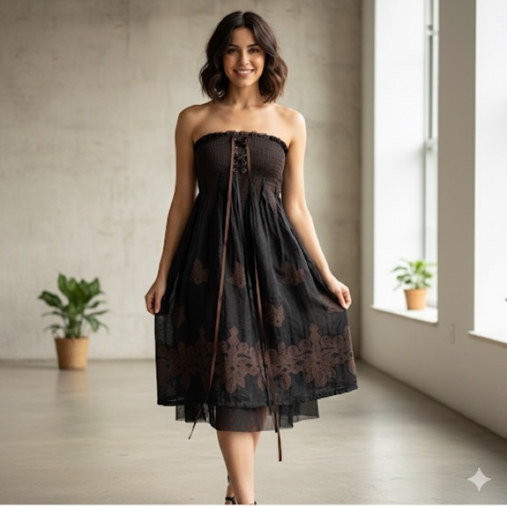 Anne Larochelle Sz S Black Brown Tulle Strapless Emo Goth Dark Romantic Dress